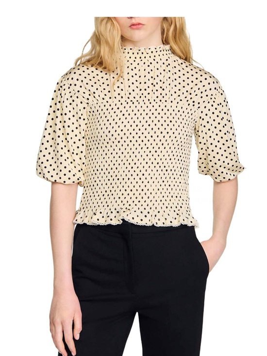 Sandro Tops - Sandro Cream Polka Dot High Neck Puff Sleeve Top